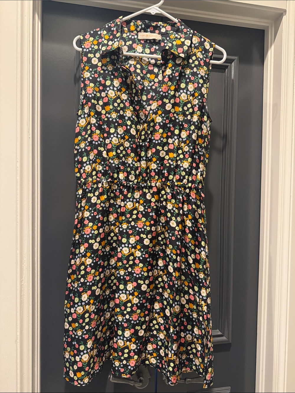 Tory Burch Black Floral Blouse with Pink, Yellow and Green